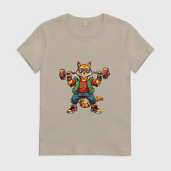 Футболка хлопковая женская Крутой рыжий кото держит гантель, цвет: миндальный