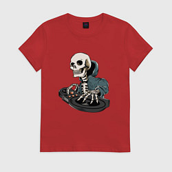 Футболка хлопковая женская Скелет - диджей, цвет: красный