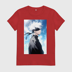 Футболка хлопковая женская Магическая битва Сатору Годзё в повязке, цвет: красный