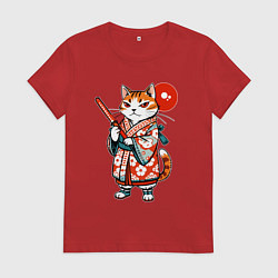 Футболка хлопковая женская Кошечка в кимоно в японском стиле, цвет: красный