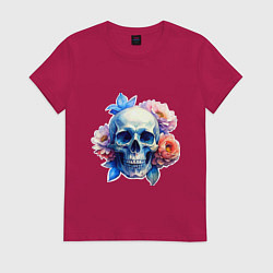 Футболка хлопковая женская Акварельный череп в цветах, цвет: маджента