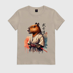 Футболка хлопковая женская Capybara samurai - ai art fantasy, цвет: миндальный