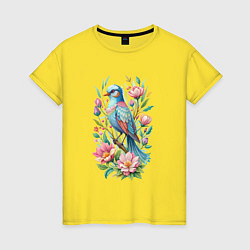 Футболка хлопковая женская Красивая голубая птица среди цветов, цвет: желтый