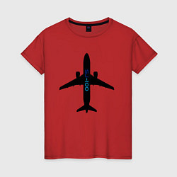 Футболка хлопковая женская Черный облик самолета SJ-100 с названием, цвет: красный