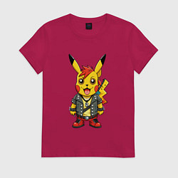 Футболка хлопковая женская Пикачу в рок стиле, цвет: маджента