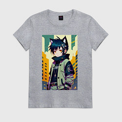 Футболка хлопковая женская Девочка котёнок - нейросеть, цвет: меланж
