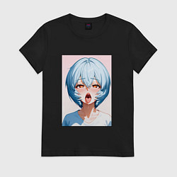 Футболка хлопковая женская Аянами Рей ахегао, цвет: черный