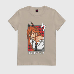 Футболка хлопковая женская Человек-бензопила Пауэр с рогами, цвет: миндальный