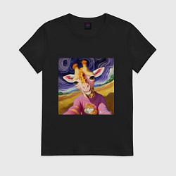 Футболка хлопковая женская Селфи жирафа, цвет: черный