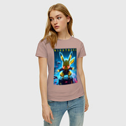 Футболка хлопковая женская Cyber Pikachu - neon glow ai art, цвет: пыльно-розовый — фото 2