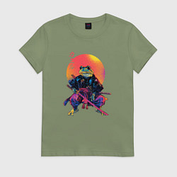 Футболка хлопковая женская Лягушка - самурай - japan aesthetic, цвет: авокадо