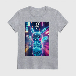 Футболка хлопковая женская Маленький милый неоновый Пикачу - нейроарт, цвет: меланж