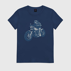 Футболка хлопковая женская Питбуль байкер на чоппере мотоцикле, цвет: тёмно-синий