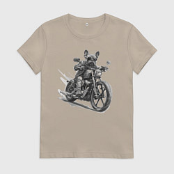 Футболка хлопковая женская Французский бульдог байкер на мотоцикле чоппере, цвет: миндальный