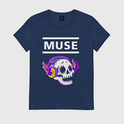 Футболка хлопковая женская Muse - неоновый череп, цвет: тёмно-синий