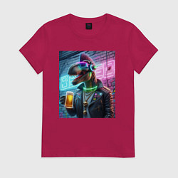 Футболка хлопковая женская Dinosaur dude with a beer mug wearing headphones a, цвет: маджента