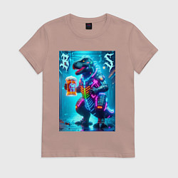 Футболка хлопковая женская Неоновый кибер пивозавр - нейроарт, цвет: пыльно-розовый