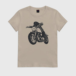 Футболка хлопковая женская Такса на мотоцикле на чоппере, цвет: миндальный