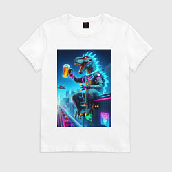 Футболка хлопковая женская Чувак Дино сидит на крыше небоскрёба с кружкой пив, цвет: белый