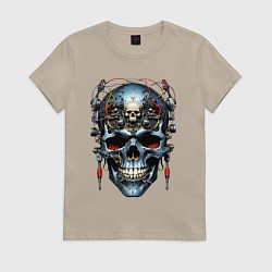 Футболка хлопковая женская Кибер череп - нейроарт фантазия, цвет: миндальный