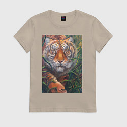 Футболка хлопковая женская Охотящийся тигр, цвет: миндальный