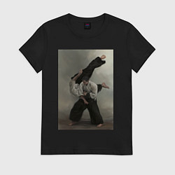 Футболка хлопковая женская Айкидо бросок, цвет: черный