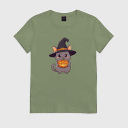 Футболка хлопковая женская Кот в шляпе ведьмы с тыквой, цвет: авокадо