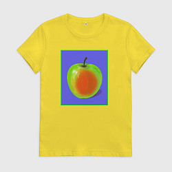 Футболка хлопковая женская Яблоко на фиолетовом фоне - pop art, цвет: желтый
