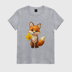 Футболка хлопковая женская Рыжая лисица с осенним листочком, цвет: меланж