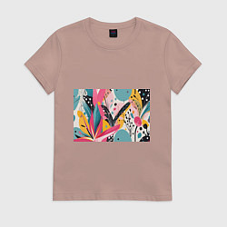 Футболка хлопковая женская Листья цветы абстракция, цвет: пыльно-розовый