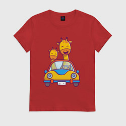 Футболка хлопковая женская Жирафы в автомобиле, цвет: красный