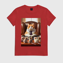 Футболка хлопковая женская Рыжий кот босс - нейроарт, цвет: красный