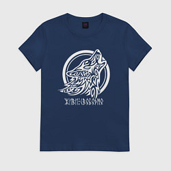 Футболка хлопковая женская Эмблема белый славянский волк, цвет: тёмно-синий