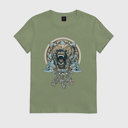 Футболка хлопковая женская Медведь и обереги, цвет: авокадо