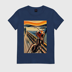 Футболка хлопковая женская Муравей кричит на картине Эдварда Мунка - мем иску, цвет: тёмно-синий