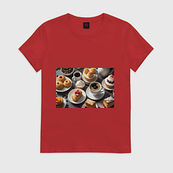 Футболка хлопковая женская Кофе и пирожные, цвет: красный