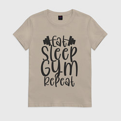 Футболка хлопковая женская Eat sleep gym, цвет: миндальный