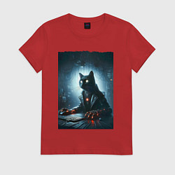 Футболка хлопковая женская Кибер кот за компьютером - неоновое свечение, цвет: красный