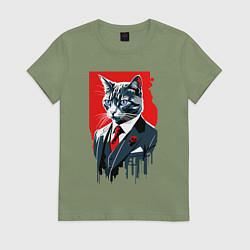 Футболка хлопковая женская Кот джентльмен с голубыми глазами - мем, цвет: авокадо