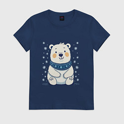 Футболка хлопковая женская Полярный белый медведь и снежинки, цвет: тёмно-синий