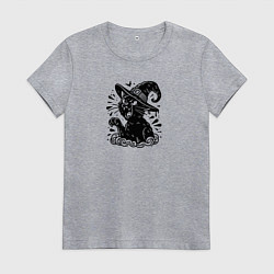 Футболка хлопковая женская Черный кот в шляпе ведьмы тату, цвет: меланж