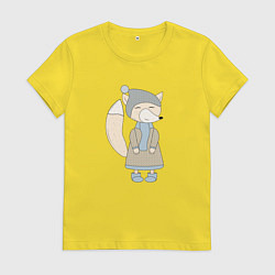 Футболка хлопковая женская Лиса в пальто, цвет: желтый