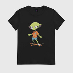Футболка хлопковая женская Инопланетянин на скейте, цвет: черный
