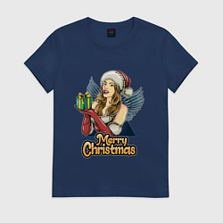 Футболка хлопковая женская Снегурочка с подарком, цвет: тёмно-синий