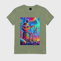 Футболка хлопковая женская Скелет играет на гитаре в грибном лесу, цвет: авокадо
