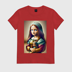 Футболка хлопковая женская Маленькая Мона Лиза в детстве с куклой - нейроарт, цвет: красный