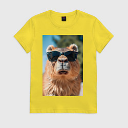Футболка хлопковая женская Модная капибара в очках, цвет: желтый