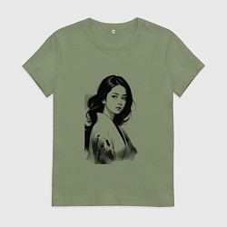 Футболка хлопковая женская Азиатская девушка в кимоно, цвет: авокадо