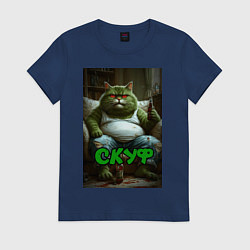 Футболка хлопковая женская Кот скуф, цвет: тёмно-синий