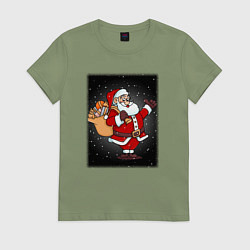 Футболка хлопковая женская Санта Клаус с мешком, цвет: авокадо